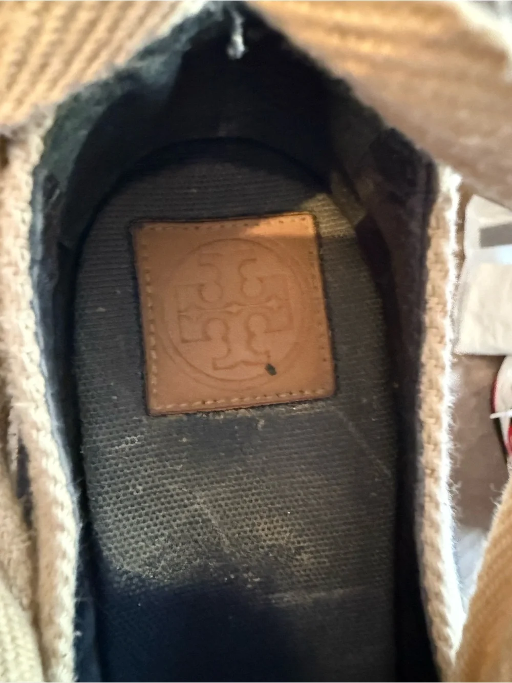 Tory Burch Navy Canvas Espadrilles with Beige Trim and Logo Medallion